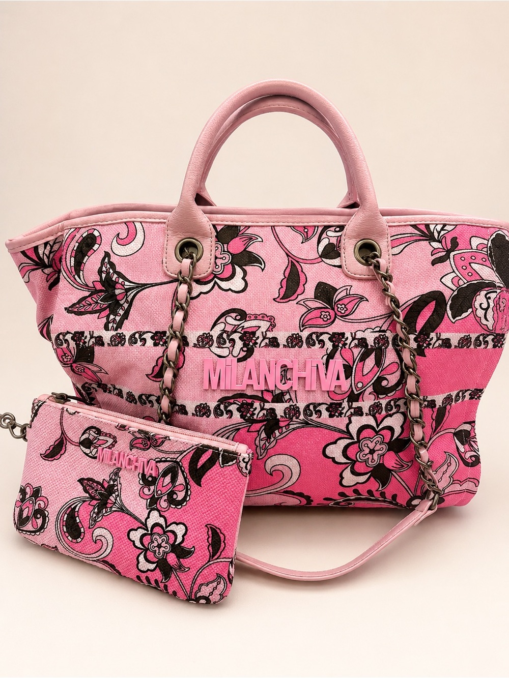 Pink Floral Canvas Tote with Removable Wristlet